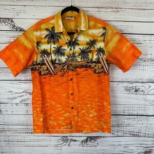 Mens Winnie Fashion VTG 90s Hawaiian Sunset Beach Surfboard Cotton Aloha Shirt M